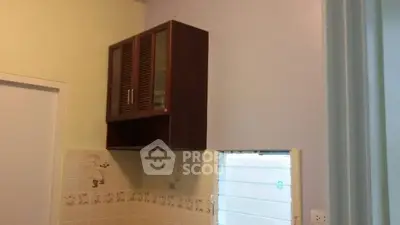 Compact kitchen with wall-mounted cabinet and decorative tiles.