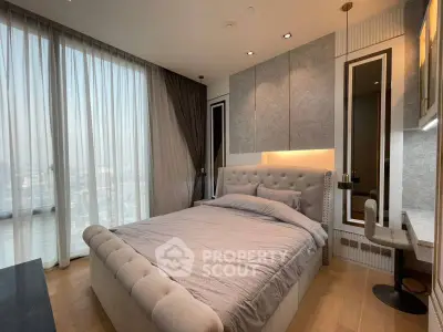 Luxurious bedroom with elegant decor and large window offering city view
