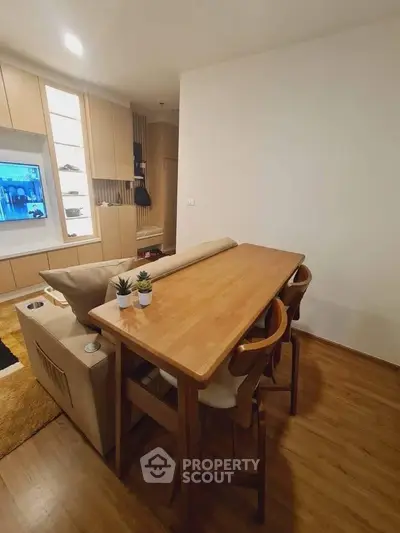 Modern living room with stylish wooden furniture and cozy decor