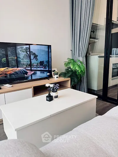 Modern living room with sleek TV setup and stylish decor