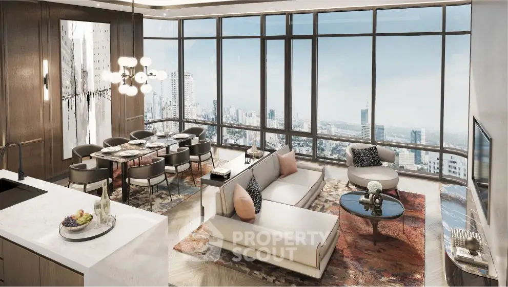 Luxurious modern living room with panoramic city views, elegant furniture, and stylish decor in a high-rise apartment.