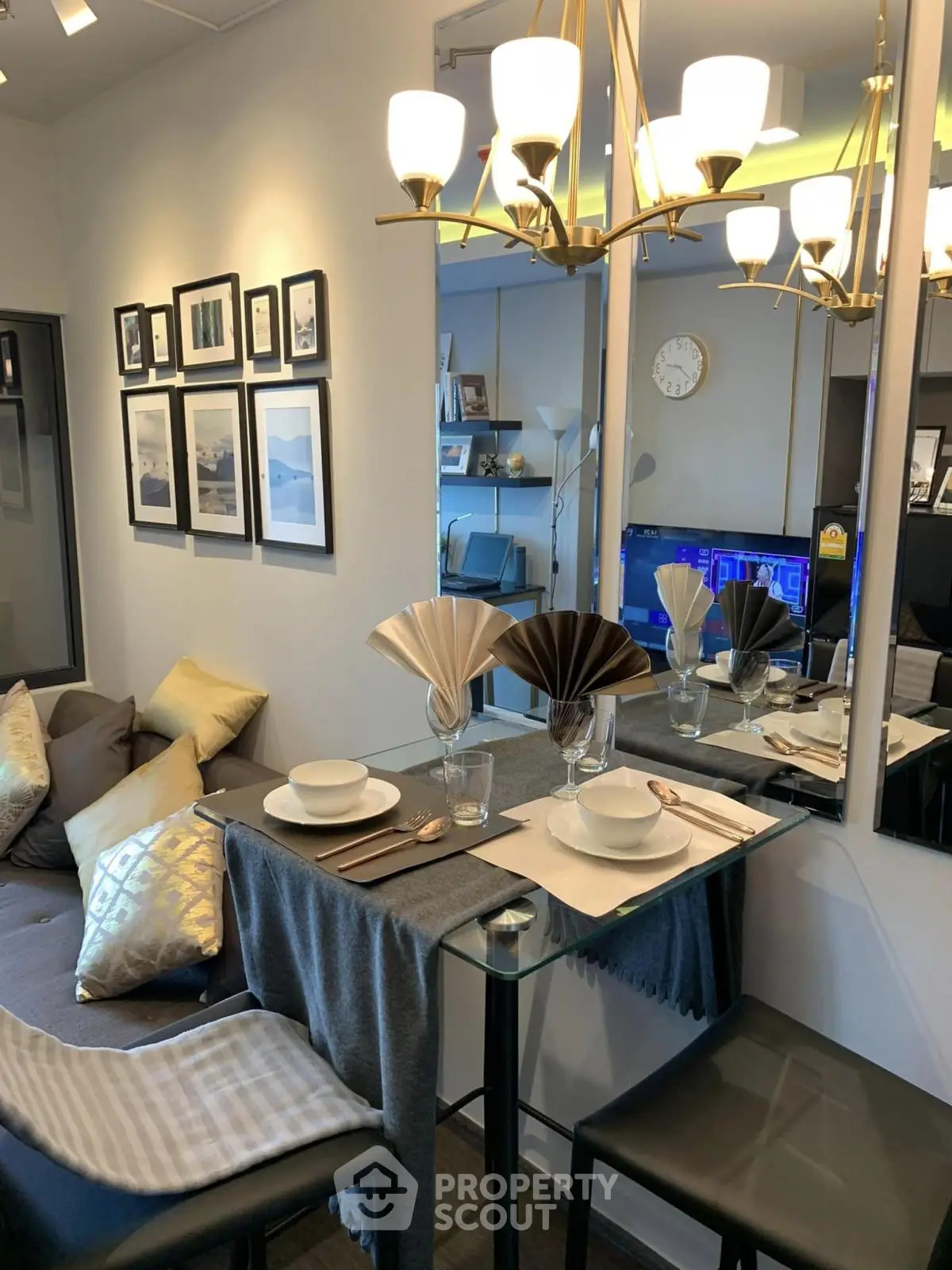 Chic modern living room with elegant dining setup and stylish decor