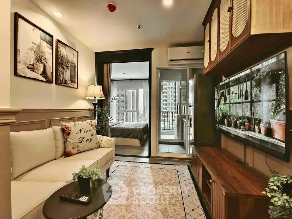 Stylish living room with modern decor and balcony view in urban apartment