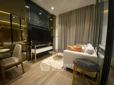 Modern living room with elegant decor and cozy seating area
