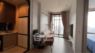 Modern apartment interior with open living area and city view balcony