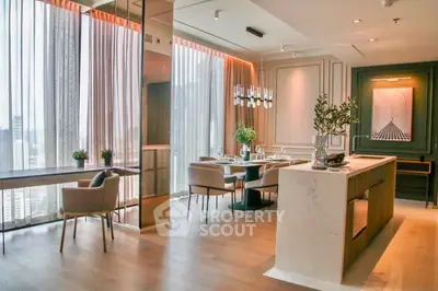 Luxurious modern dining area with panoramic city views and elegant decor
