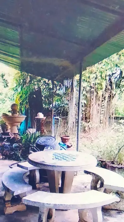Charming garden patio with rustic seating and lush greenery, perfect for outdoor relaxation and entertaining.