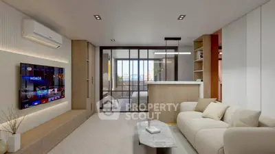 Modern living room with sleek design and large TV, featuring a cozy sofa and stylish decor.