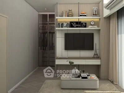 Modern living room with stylish decor and built-in entertainment unit