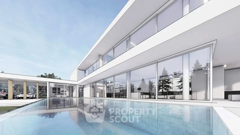 Stunning modern architectural design with luxurious pool and sleek glass facade.