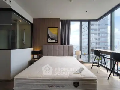 Luxurious bedroom with stunning city view and modern decor in high-rise apartment.