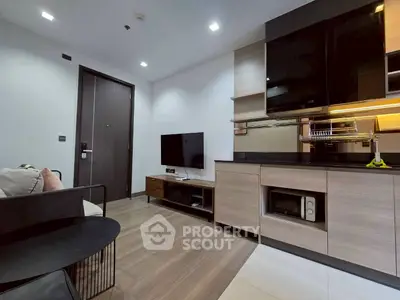 Modern living room with sleek furniture and built-in entertainment center