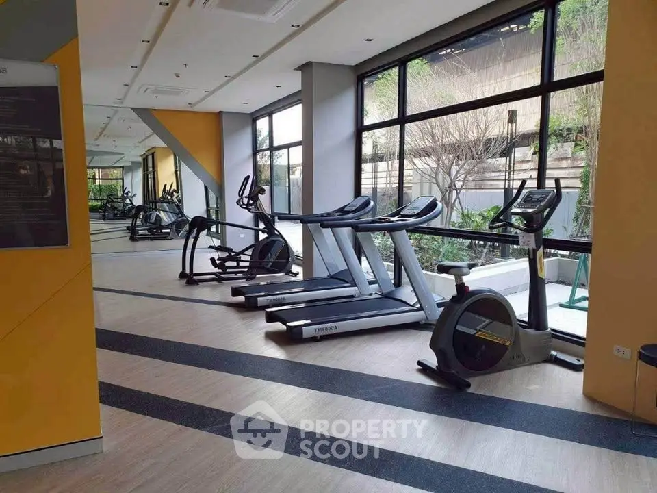 Modern gym with state-of-the-art equipment and large windows offering natural light and garden views.