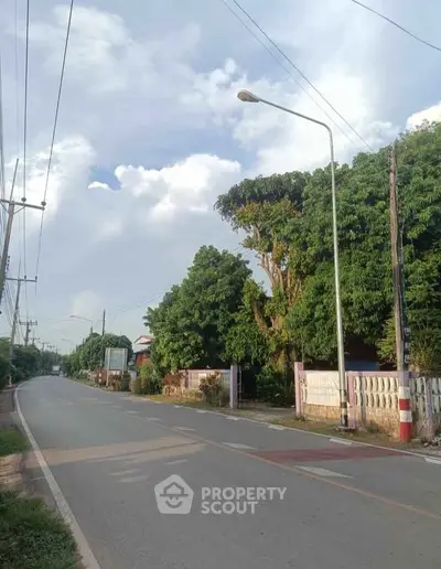 Charming suburban street view with lush greenery and clear skies, ideal for peaceful living.