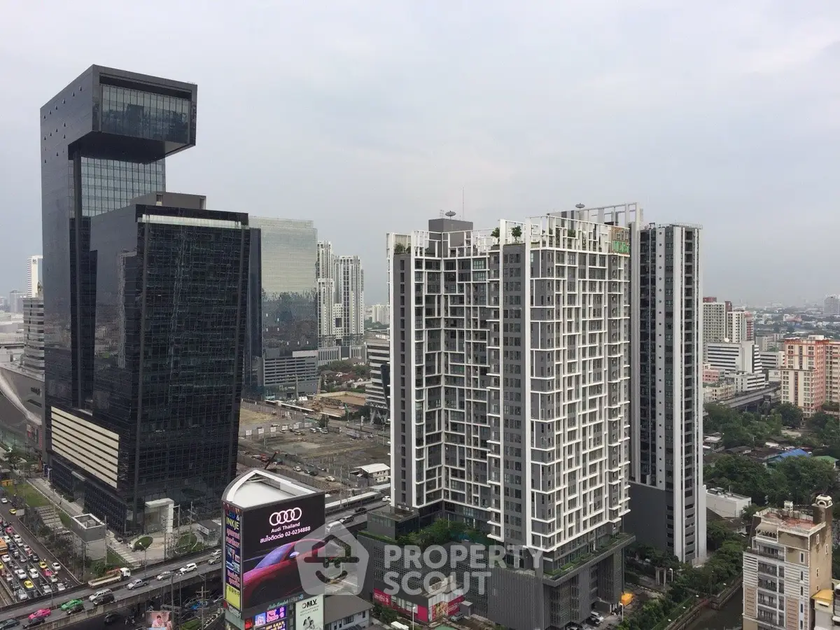 Stunning cityscape view showcasing modern high-rise buildings in a bustling urban environment.