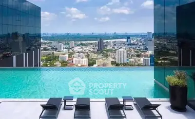 Luxurious rooftop infinity pool with stunning city skyline view.
