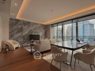 Luxurious modern living room with city view, elegant furniture, and floor-to-ceiling windows.