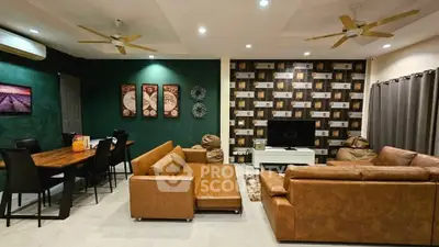 Spacious modern living room with stylish decor and comfortable seating
