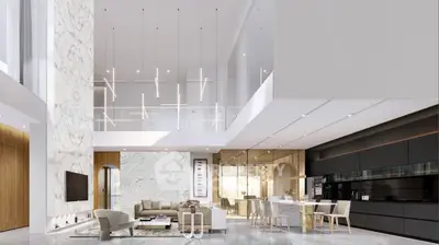 Luxurious open-plan living room with modern kitchen and high ceilings