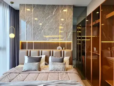 Luxurious modern bedroom with elegant decor and ambient lighting
