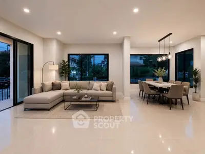Spacious modern living room with elegant dining area and large windows.