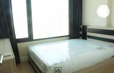 Bright bedroom with large window and modern bed frame
