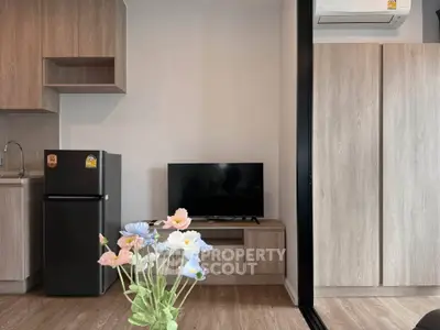 Modern apartment interior with compact kitchen and cozy living area featuring a sleek TV setup.