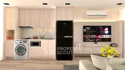 Modern living room with sleek kitchen appliances and stylish decor
