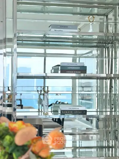 Luxurious modern interior with glass shelves and city view, perfect for stylish urban living.