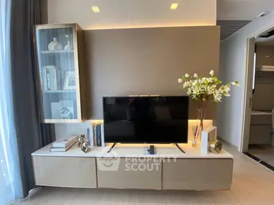 Modern living room with sleek TV stand and elegant decor