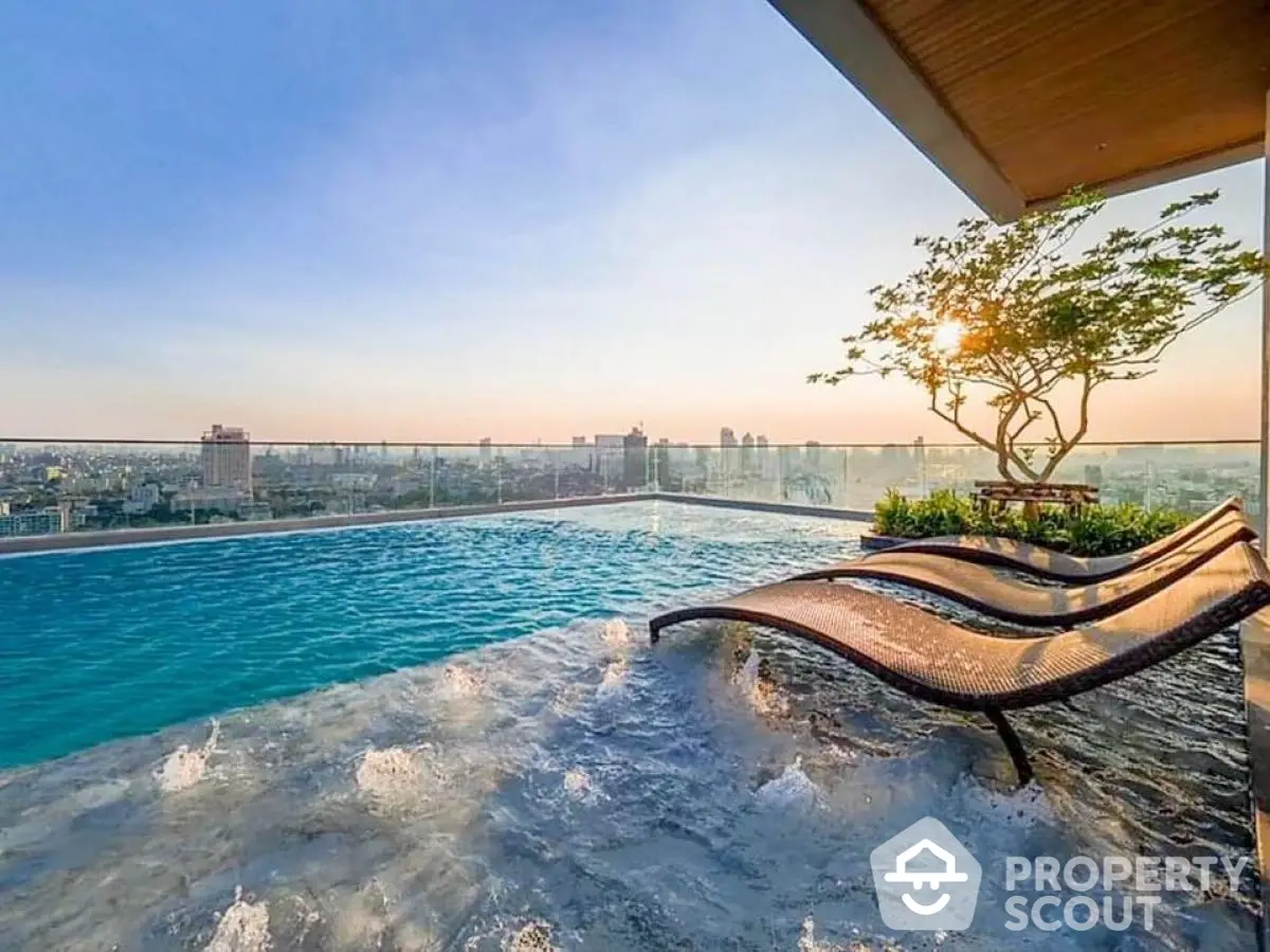 Luxurious rooftop pool with stunning city skyline view at sunset.