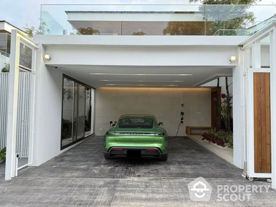 Modern garage with luxury car and sleek design in contemporary home