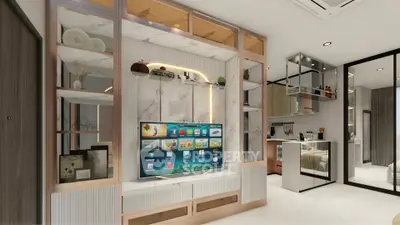 Modern living room with stylish TV unit and open kitchen layout