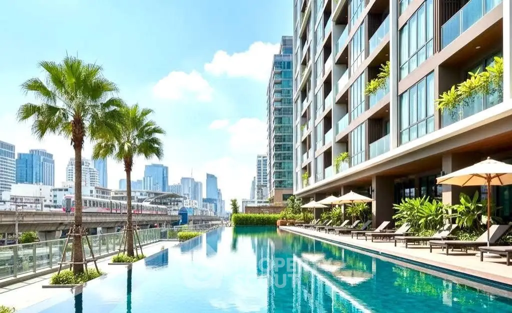 Luxurious urban apartment with stunning pool and city skyline view