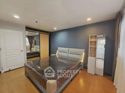 Spacious modern bedroom with stylish decor and ample natural light
