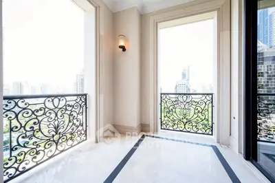Luxurious balcony with ornate railings and stunning city view