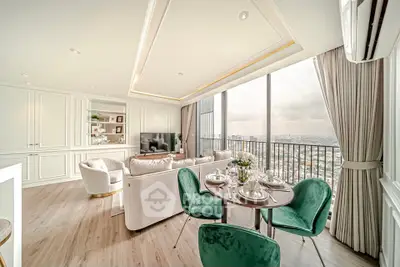 Luxurious living room with panoramic city view and elegant decor