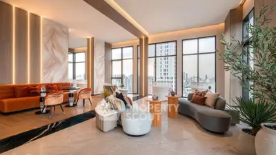 Luxurious modern living room with panoramic city views and elegant decor.