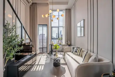 Luxurious modern living room with high ceilings and city view, featuring elegant decor and natural light.