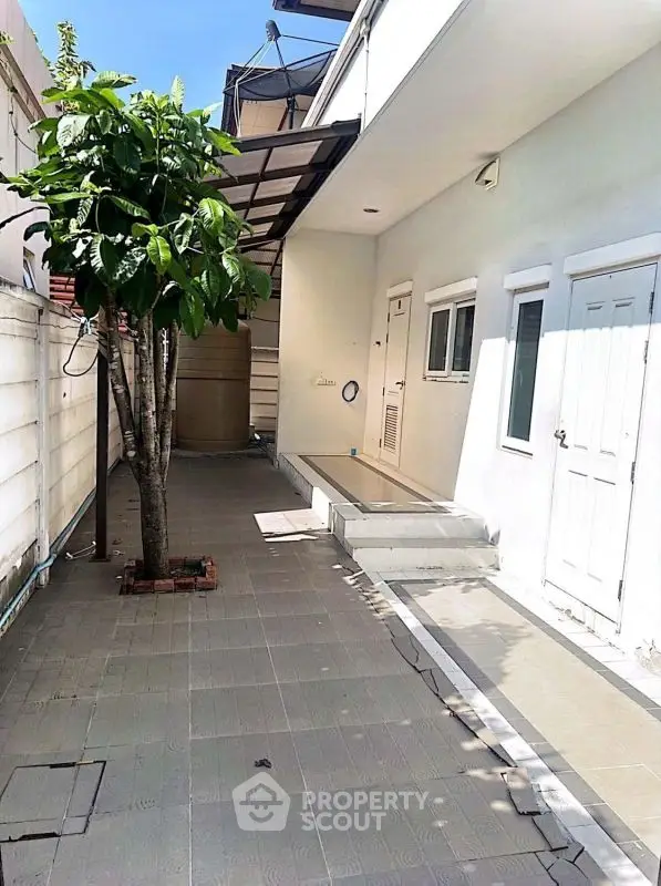 Charming outdoor patio with tree and modern exterior design