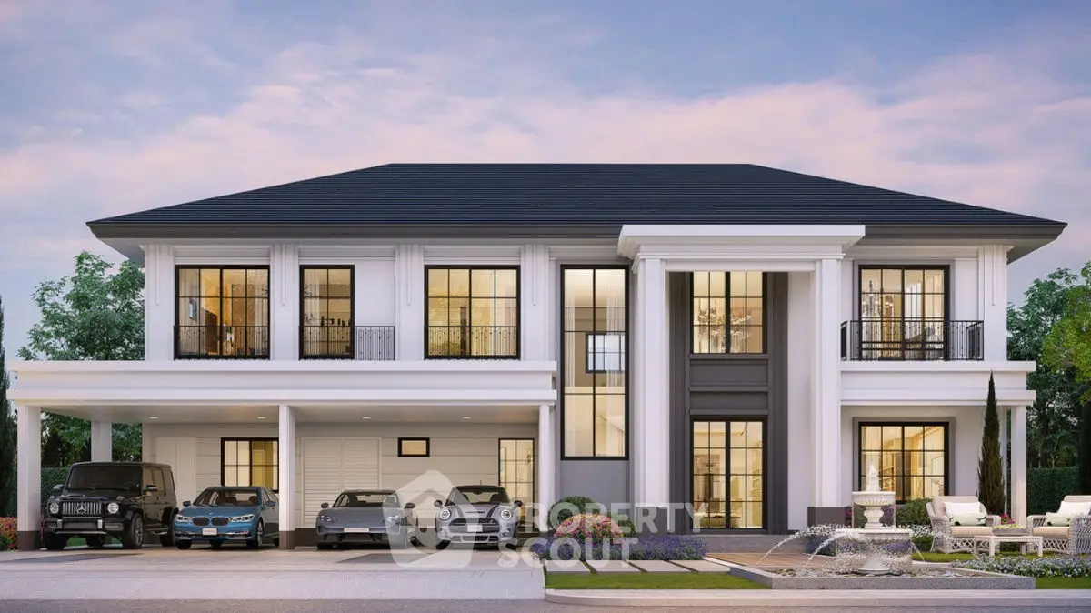 Luxurious modern mansion with elegant facade and multiple car garage