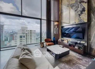 Luxurious living room with floor-to-ceiling windows and stunning city view