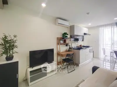 Modern living room with open kitchen and stylish decor