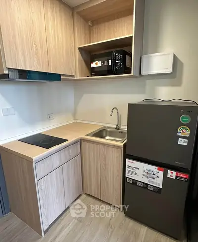 Modern compact kitchen with wooden cabinets, induction cooktop, and fridge in a cozy apartment.