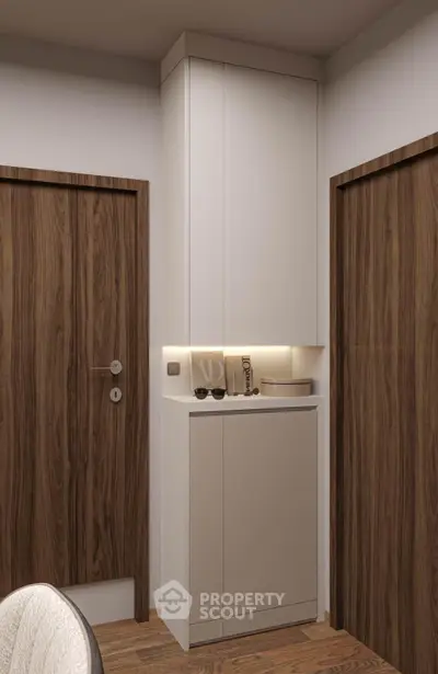 Modern hallway with sleek storage cabinets and wooden doors