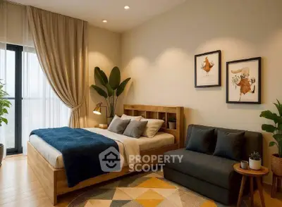 Modern bedroom with stylish decor, cozy bed, and natural light.