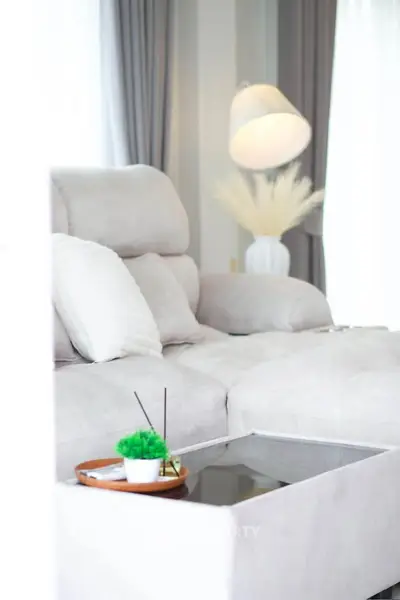 Elegant living room with plush sofa and modern decor, perfect for relaxation.
