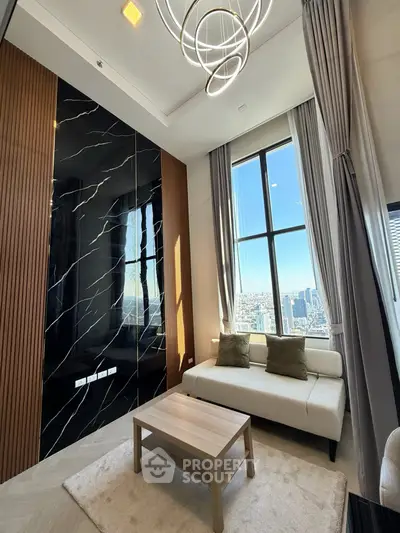 Luxurious living room with stunning city view and modern decor