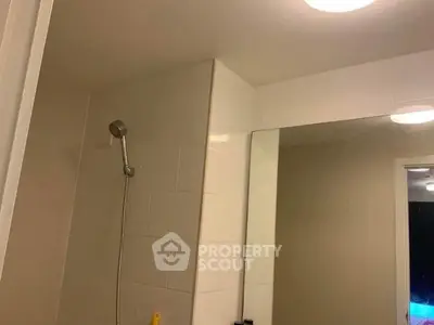 Modern bathroom with sleek shower and large mirror