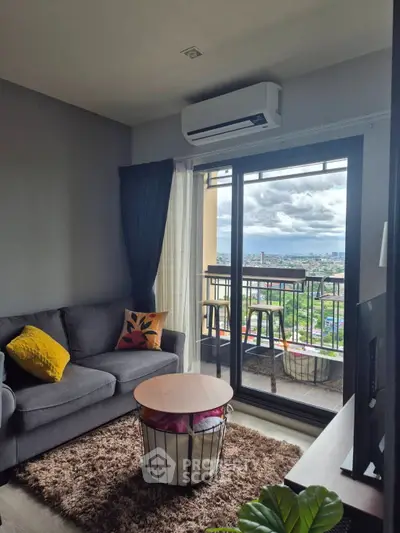 Modern living room with balcony view and cozy decor